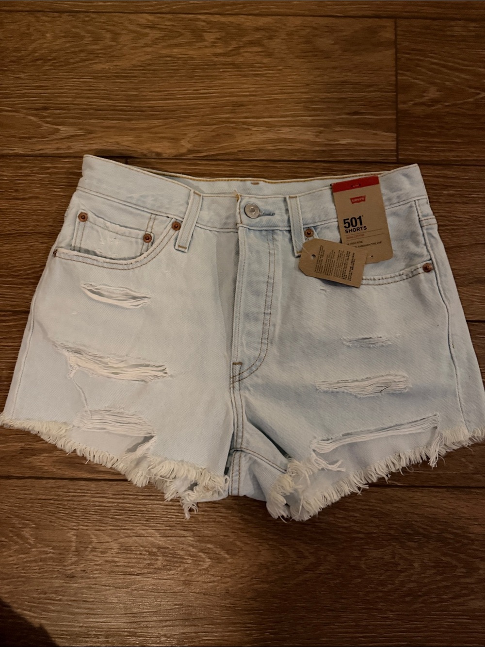 Levi's Light Blue Distressed High-Rise Denim Shorts